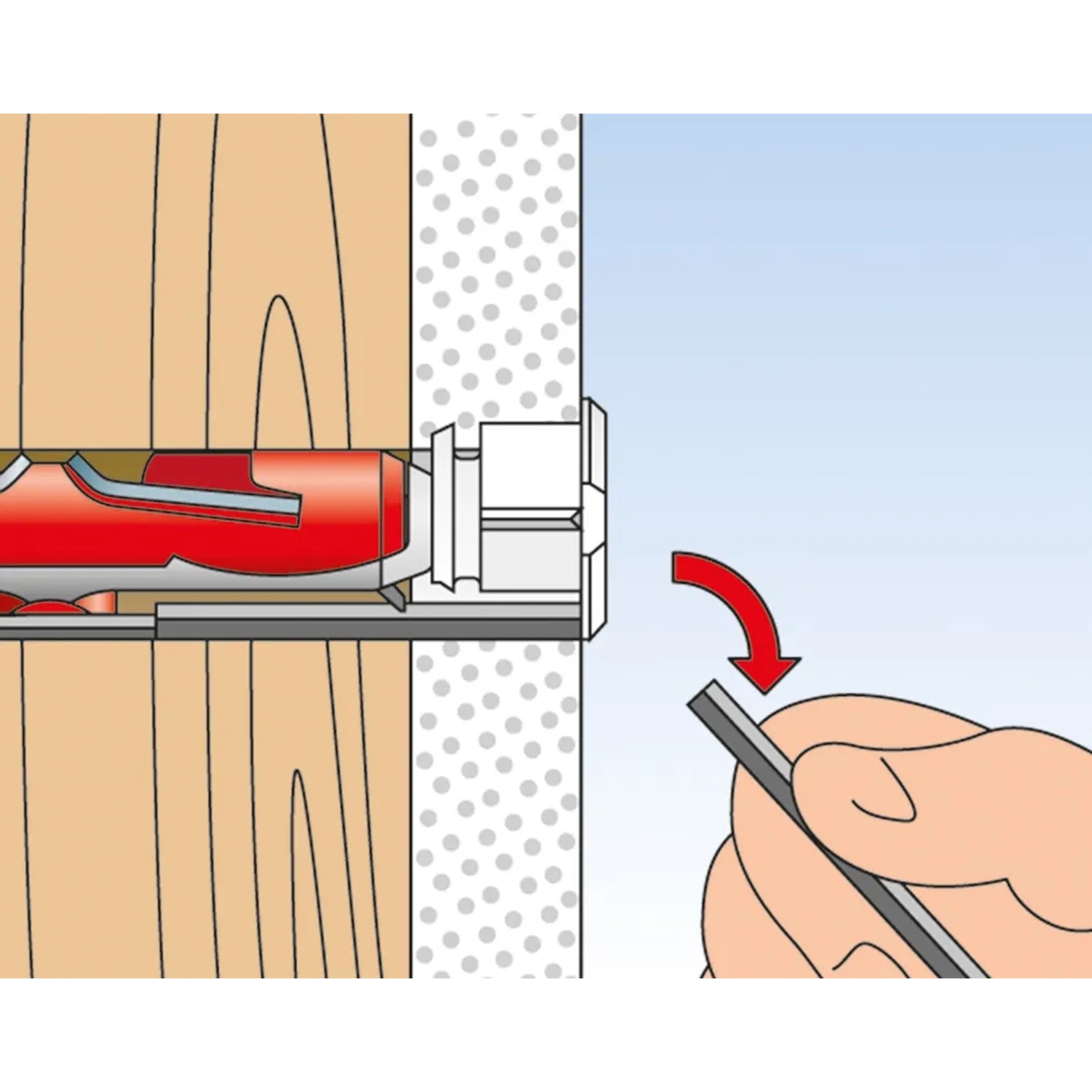 Illustration: Fischer Duotec Kippdübel Montage in Gipskartonwand. Dübel aus Kunststoff und Metall, rot/weiß.