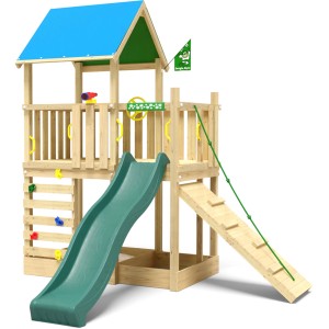 Jungle Gym Spielturm Wonder mit Rutsche, Kletterrampe und blauem Dach. Holzspielturm für Kinder.