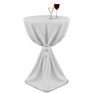 Weisse Beautissu Stehtischhusse Giulia Ø 80 cm mit Schleife für festliche Anlässe.