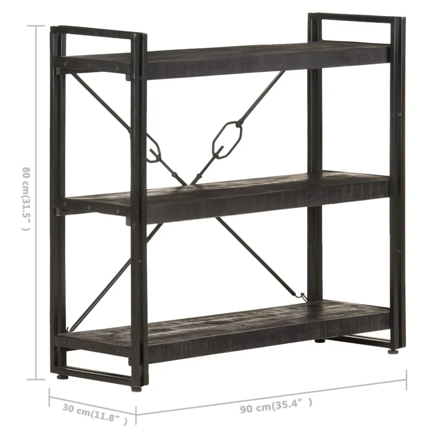 Schwarzes Bücherregal mit 3 Fächern aus Mango Massivholz, 90x30x80 cm. Regal für Bücher und Deko.