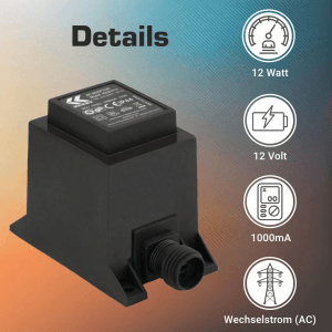 Schwarzer Kerry Electronics Trafo 12W 12V für Elektroinstallation im Außenbereich.
