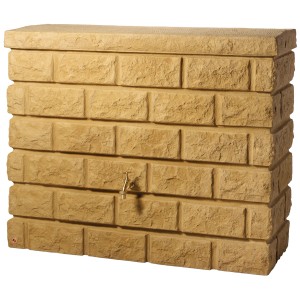Garantia Wandtank Rocky 400 l Sandstone: Regentonne in Steinoptik mit Wasserhahn für Gartenbewässerung.