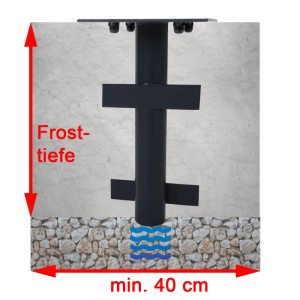 MCW Bodenhülse Ø 49mm im Boden, zeigt Einbau mit Frosttiefe und 40cm Fundamentbreite für Sonnenschirme.