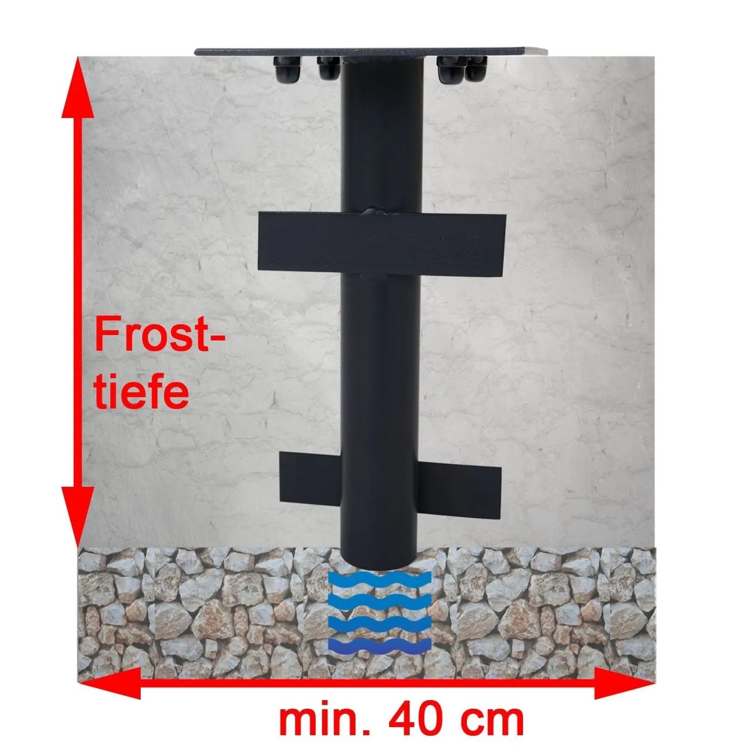 MCW Bodenhülse Ø 49mm im Boden, zeigt Einbau mit Frosttiefe und 40cm Fundamentbreite für Sonnenschirme.