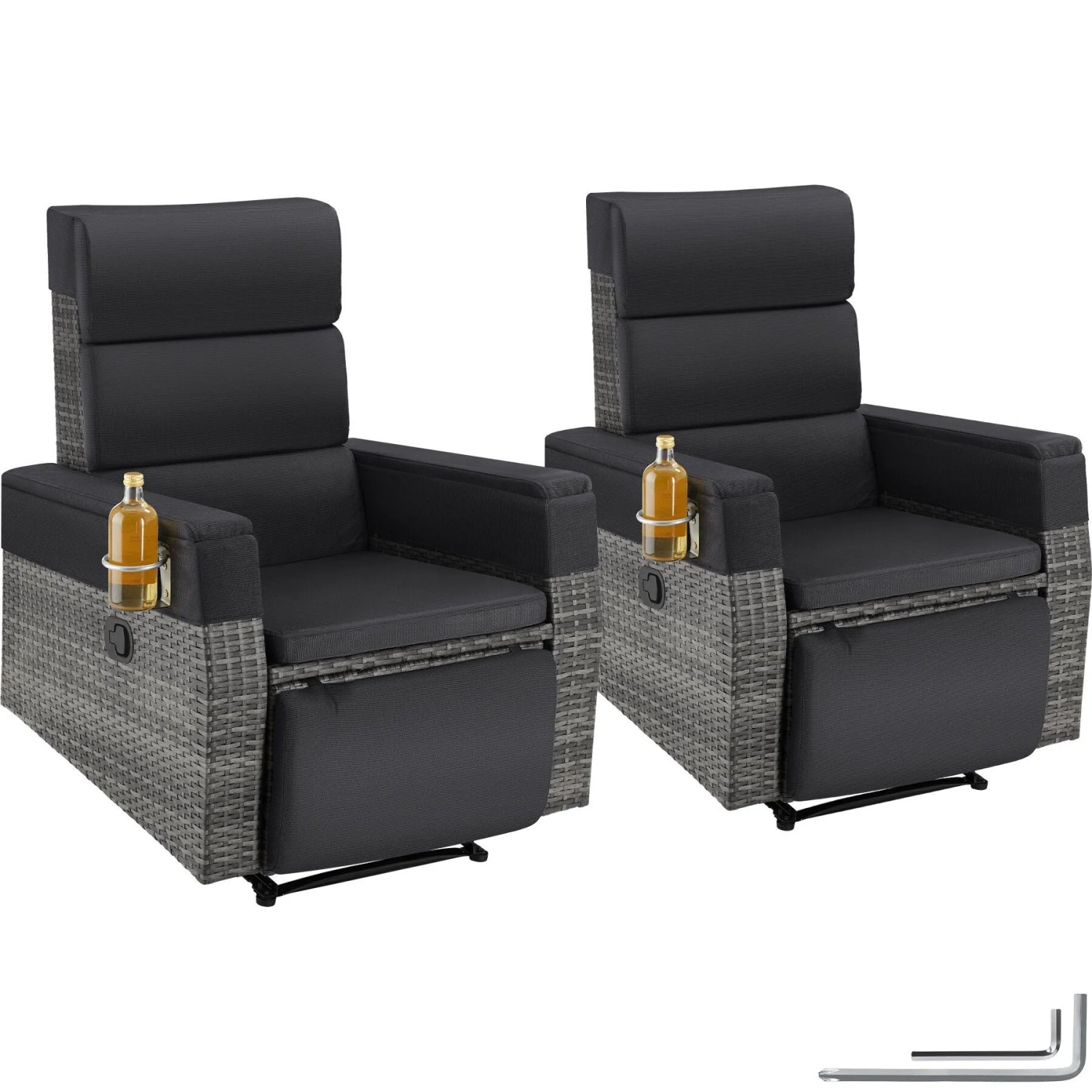 Tectake Aluminium Rattansessel Pacentro Verstellbare Rückenlehne und Fußablage Wetterfest  Mit Getränkehalter 2Er Set 80 x 157 x 97 cm Grau