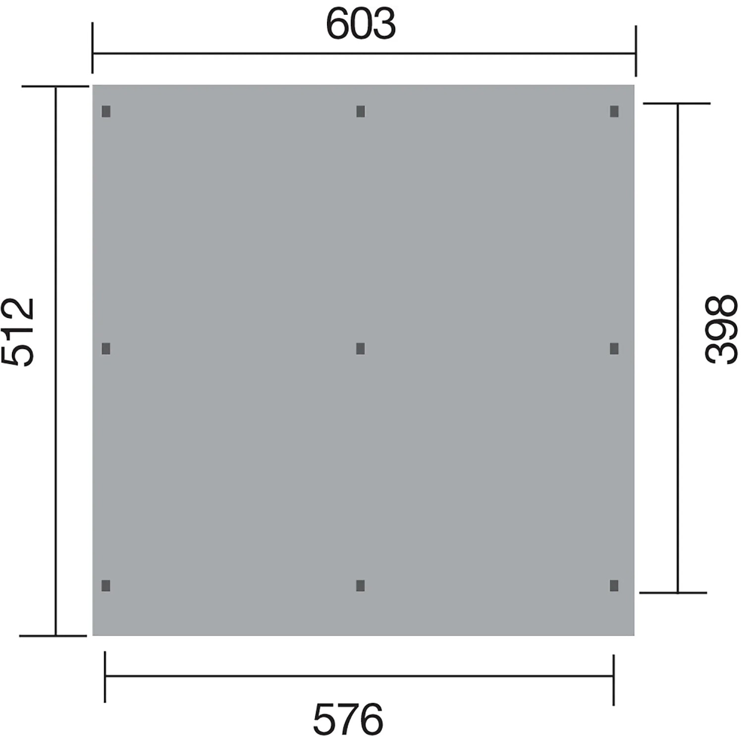 Draufsicht Weka Doppelcarport 618 Gr. 1 mit Maßen: 603x512 cm (Dach), 576x398 cm (Boden).
