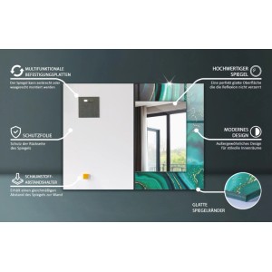 Rechteckiger Spiegel 80x60 mit schwarzem, geometrischem Aufdruck. Dekorativer Wandspiegel für Bad, Flur & Wohnzimmer.