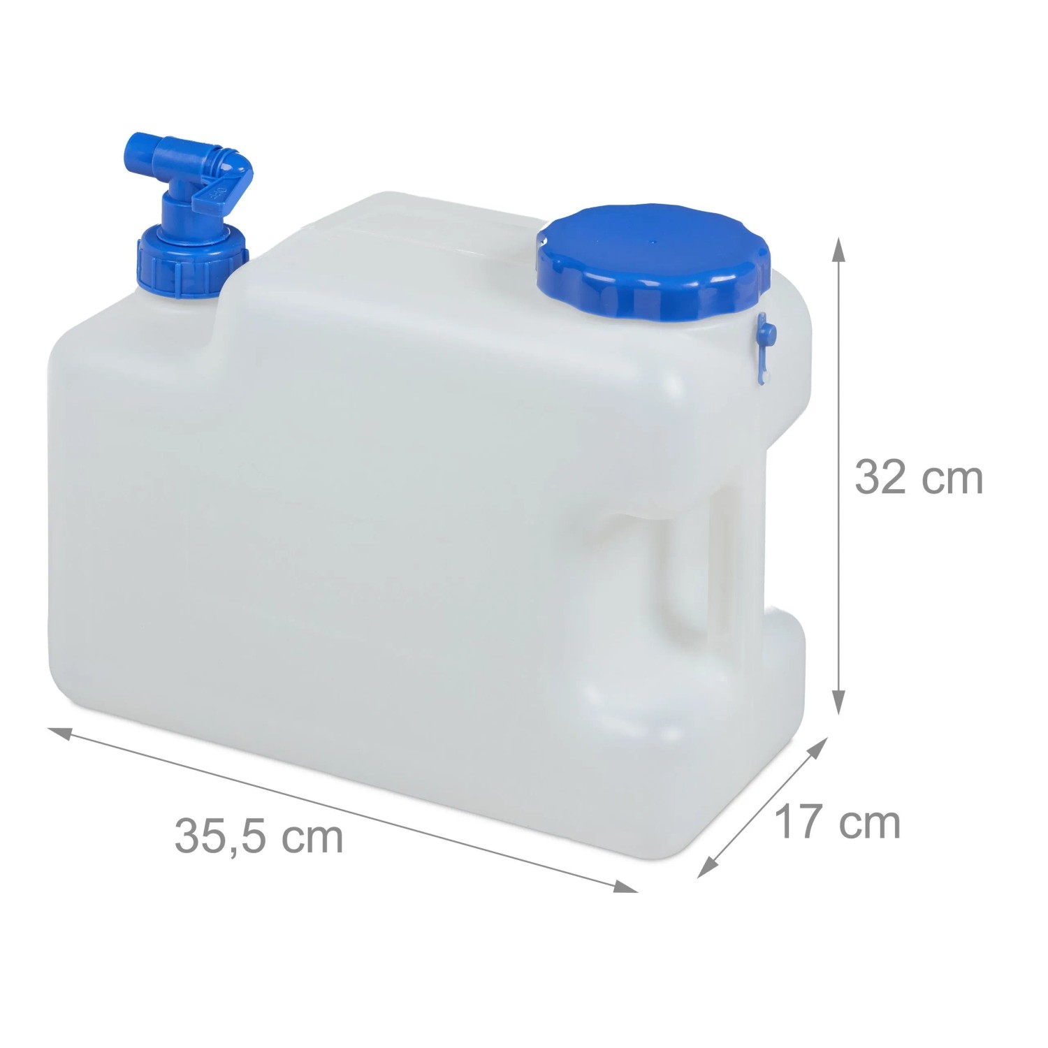 Weißer Relaxdays Wasserkanister aus HDPE mit blauem Hahn und Schraubdeckel, 12 L, 35,5x17x32 cm, für Camping.