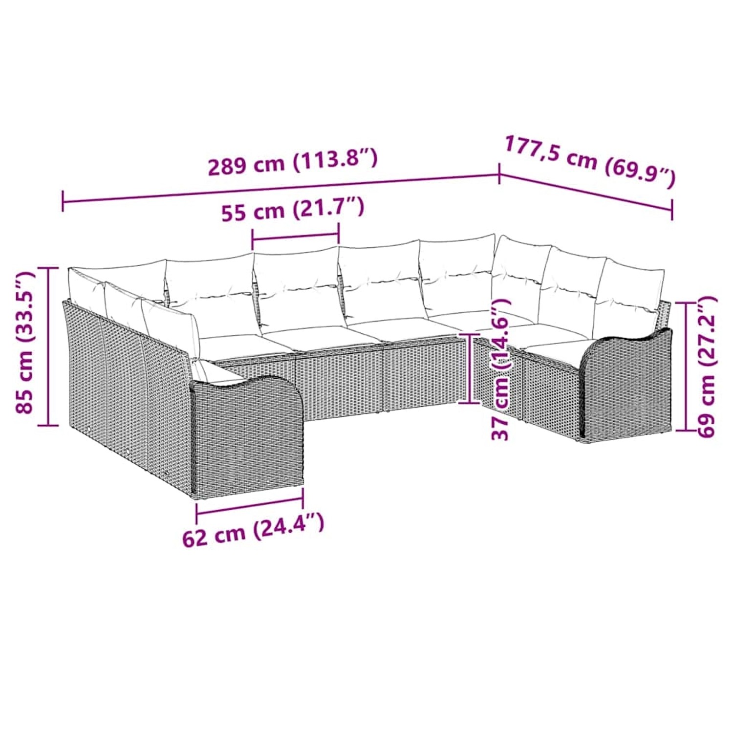 Graues 9-teiliges vidaXL Garten-Sofa-Set aus Poly Rattan mit Maßen.