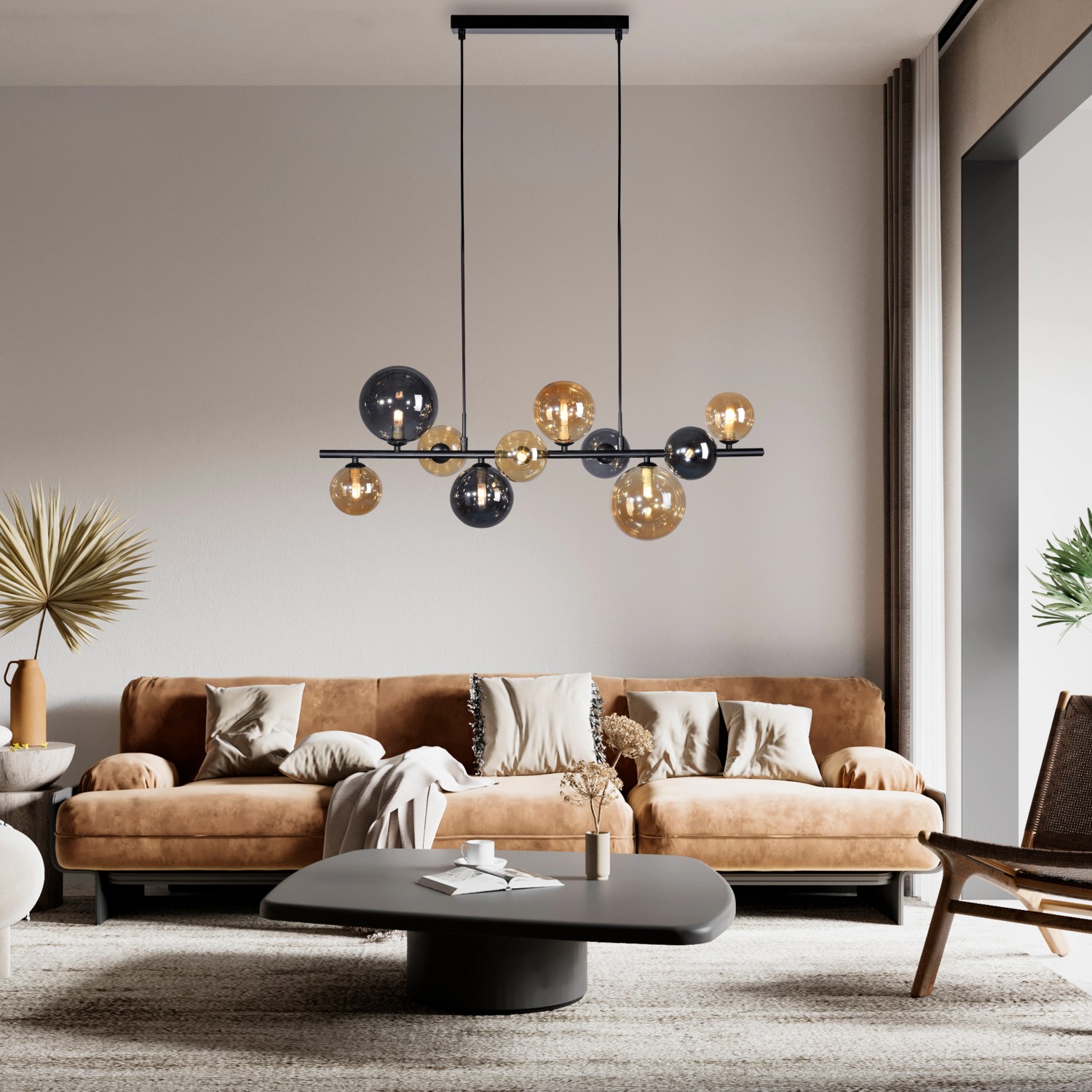 Moderne Paul Neuhaus Pendelleuchte Popsicle, 10-flammig, schwarz mit Amber- und Rauchgläsern.