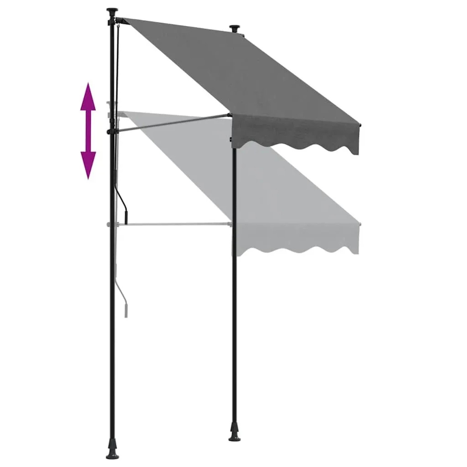 Anthrazitfarbene, einziehbare Markise aus Stoff und Stahl mit Höhenverstellung. Ideal als Sonnenschutz für Terrasse oder Balkon.