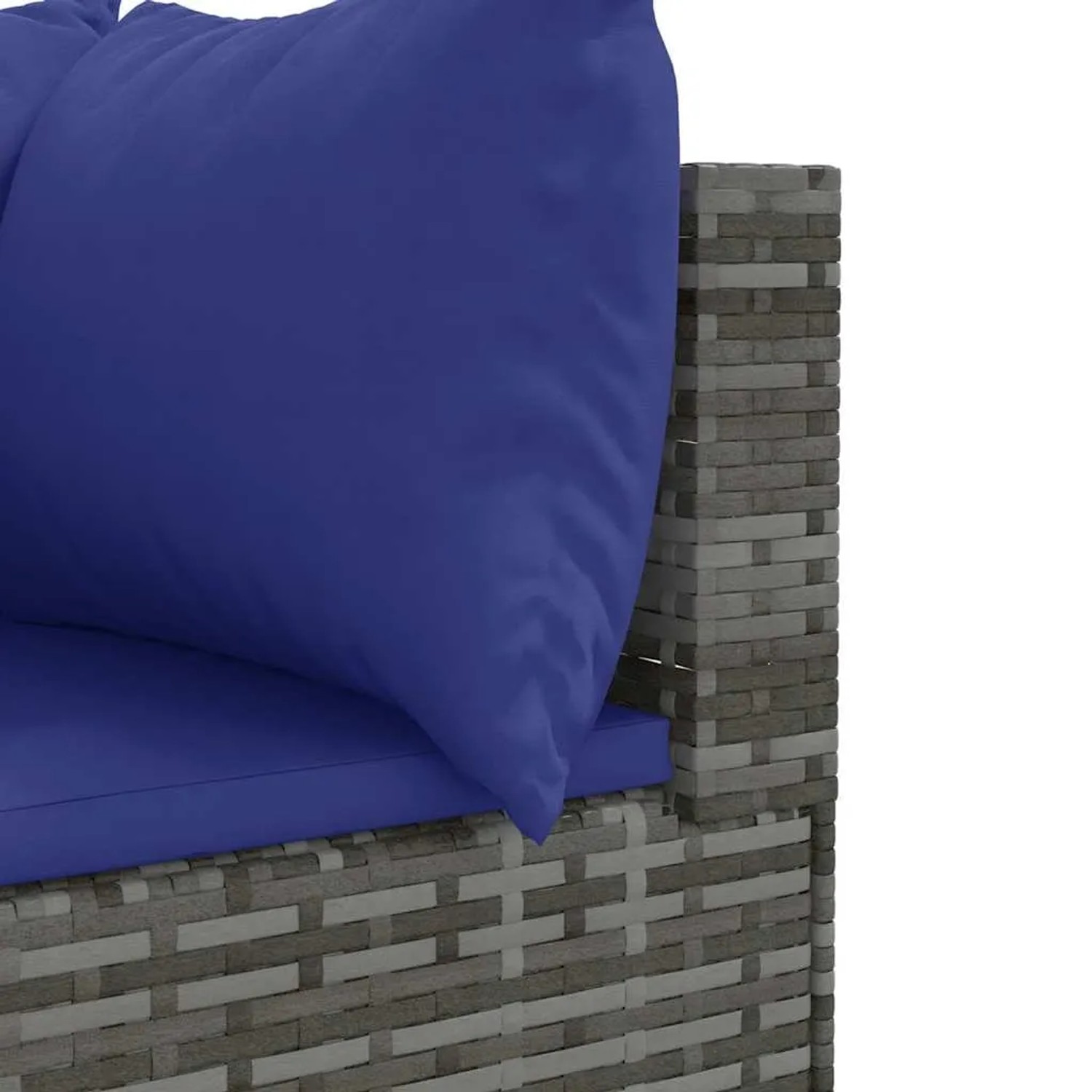 Detailaufnahme: Graues vidaXL Garten-Lounge-Set aus Rattan mit blauen Kissen.