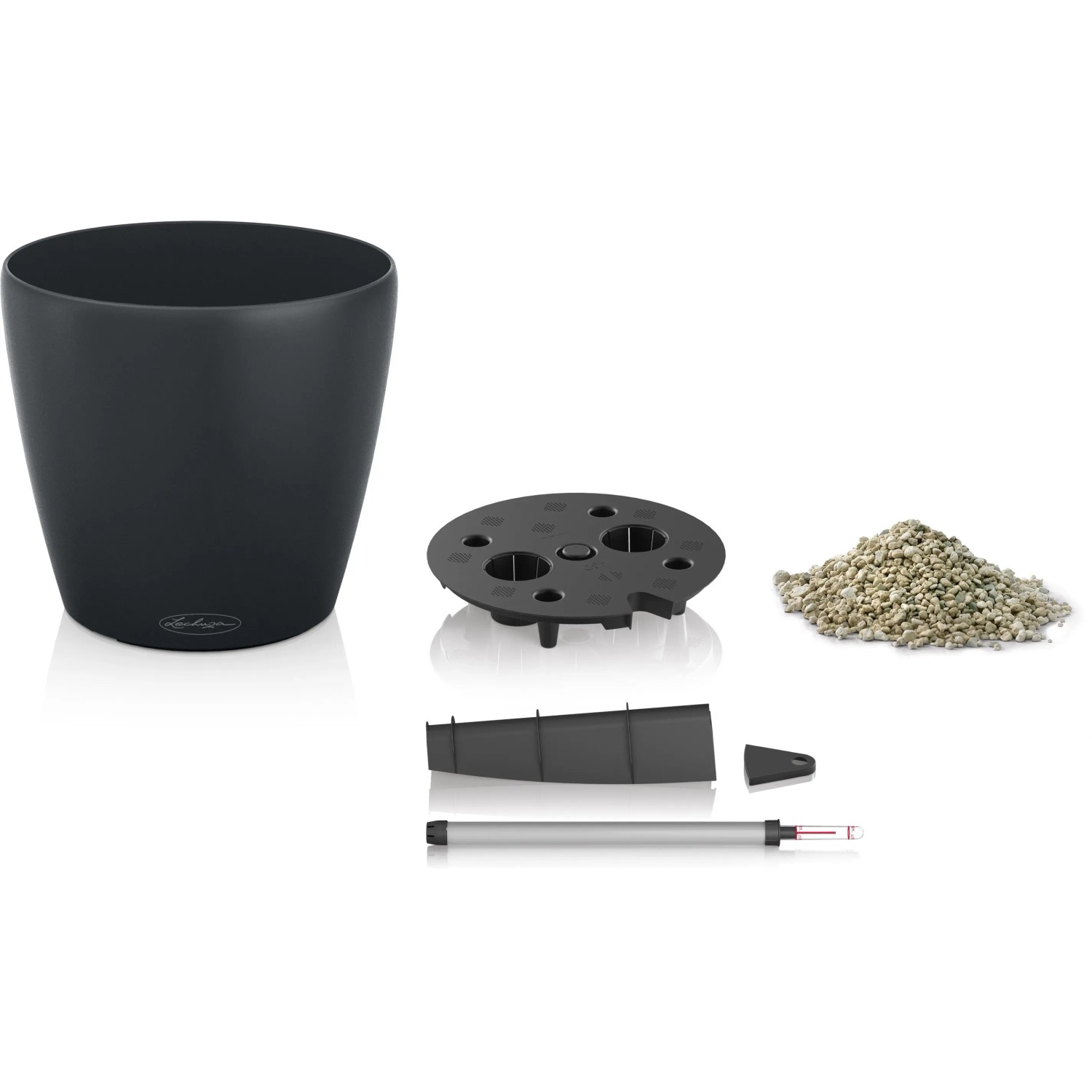 Lechuza Classico Eco Pflanzgefäß, Ø 43cm, dunkelgrau, mit Bewässerungssystem und Zubehör.