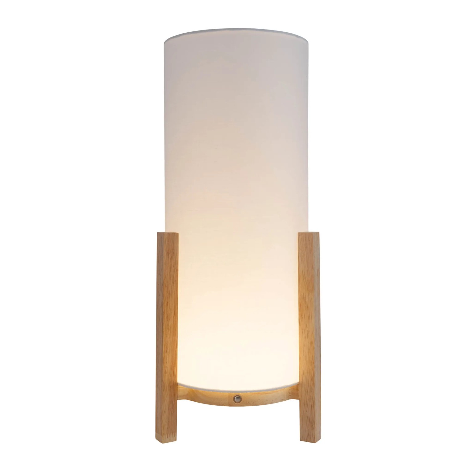 Näve LED-Tischleuchte Madita mit Holzfuß und weißem Textilschirm.