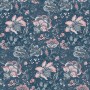Laura Ashley Vliestapete Portia Dark Seaspray mit floralem Paisley-Muster auf blauem Grund.