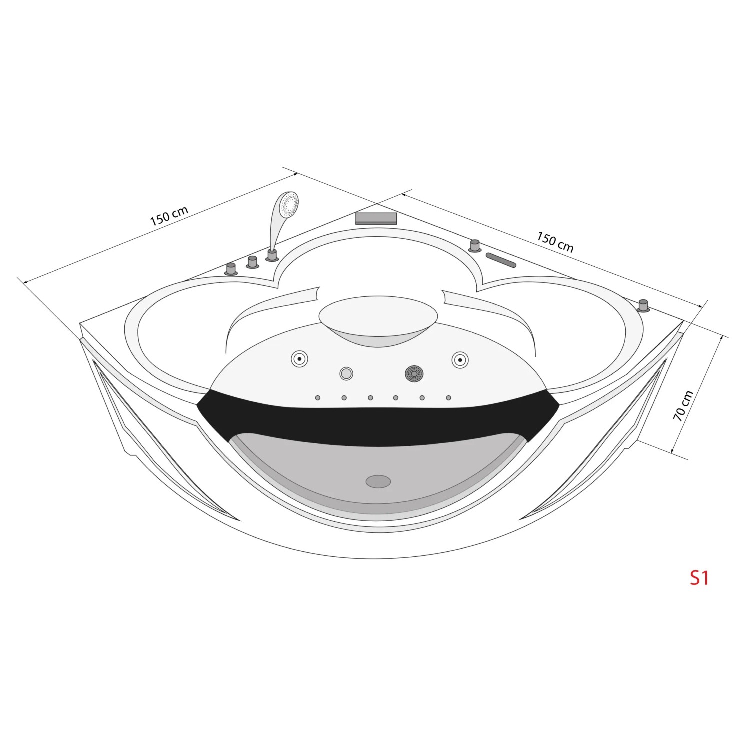Skizze einer AcquaVapore Eck-Badewanne W25-TH-SC 15 mit Whirlpool-Funktion und Maßangaben.