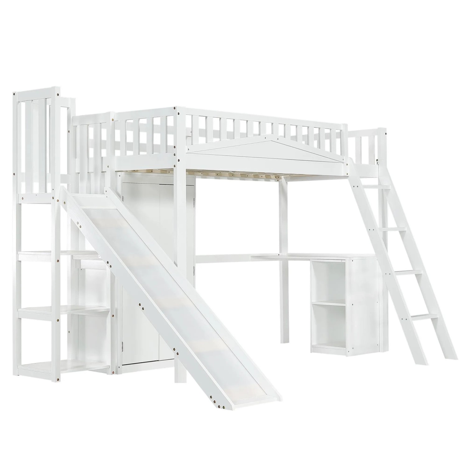 KOMHTOM Etagenbett 90x200Cm Kinderbett Mit Fallschutzgitter Tisch Kleiderschrank Und Vierstufiger Leiter Kiefer Weiß Ohne Matratze