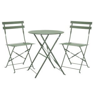 Mintfarbenes Bistroset: Klappbarer Gartentisch mit zwei Stühlen aus Metall.