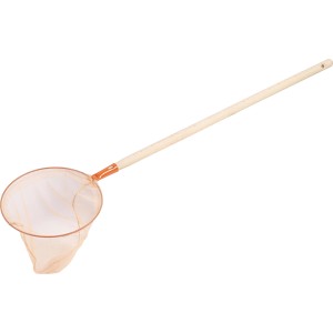 Kinder-Teichkescher mit Holzstiel, orangefarbenes Netz für Gartenteich und Gewässer.