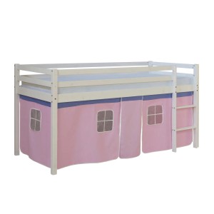 Weißes Homestyle4u Hochbett 90x200 mit rosa Vorhang und Lattenrost.