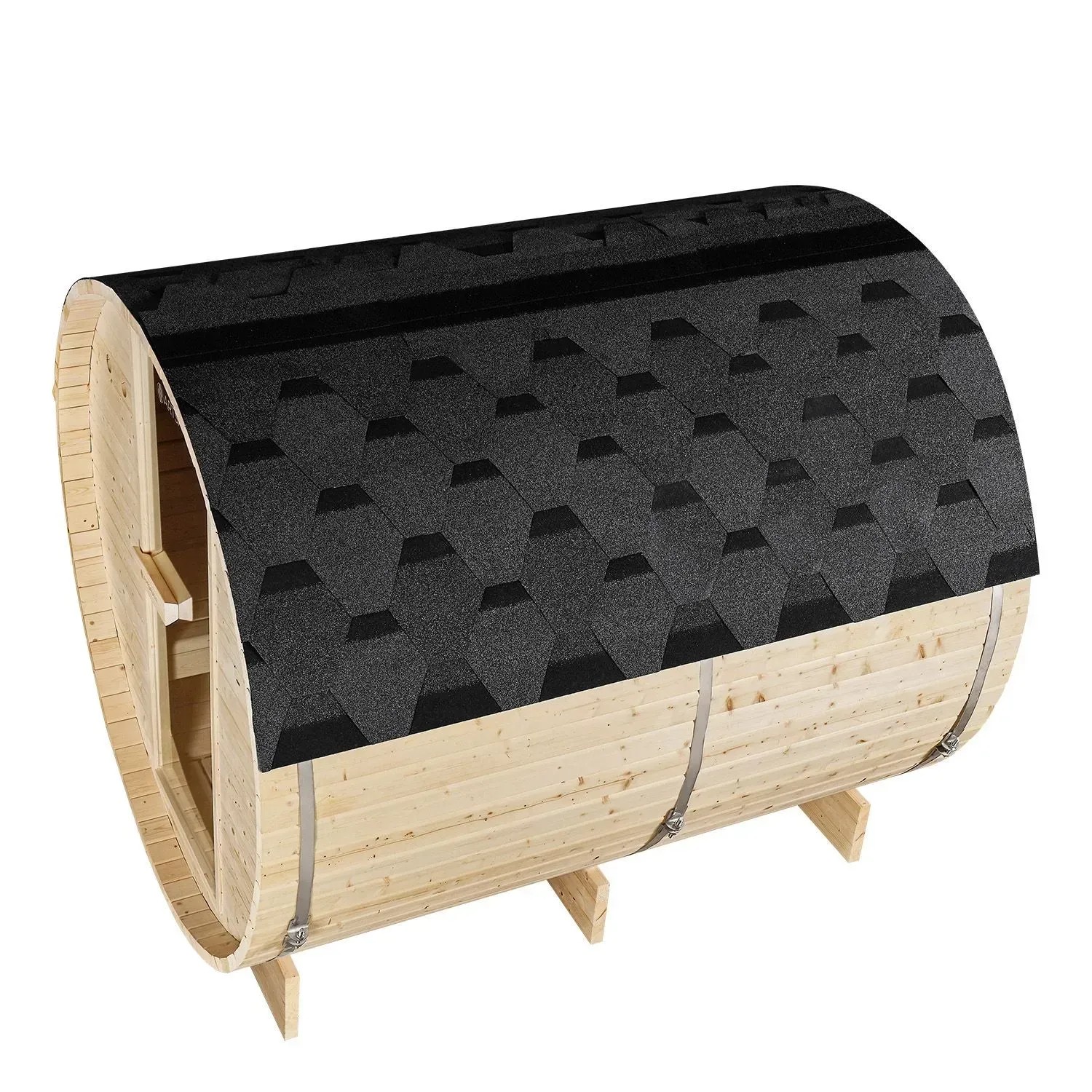 Artsauna Fasssauna Spitzbergen 220 cm aus Fichtenholz mit anthrazitfarbenem Dach.