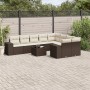 Braune 10-tlg. vidaXL Garten-Sofagarnitur aus Poly Rattan mit cremeweißen Kissen und Tisch.