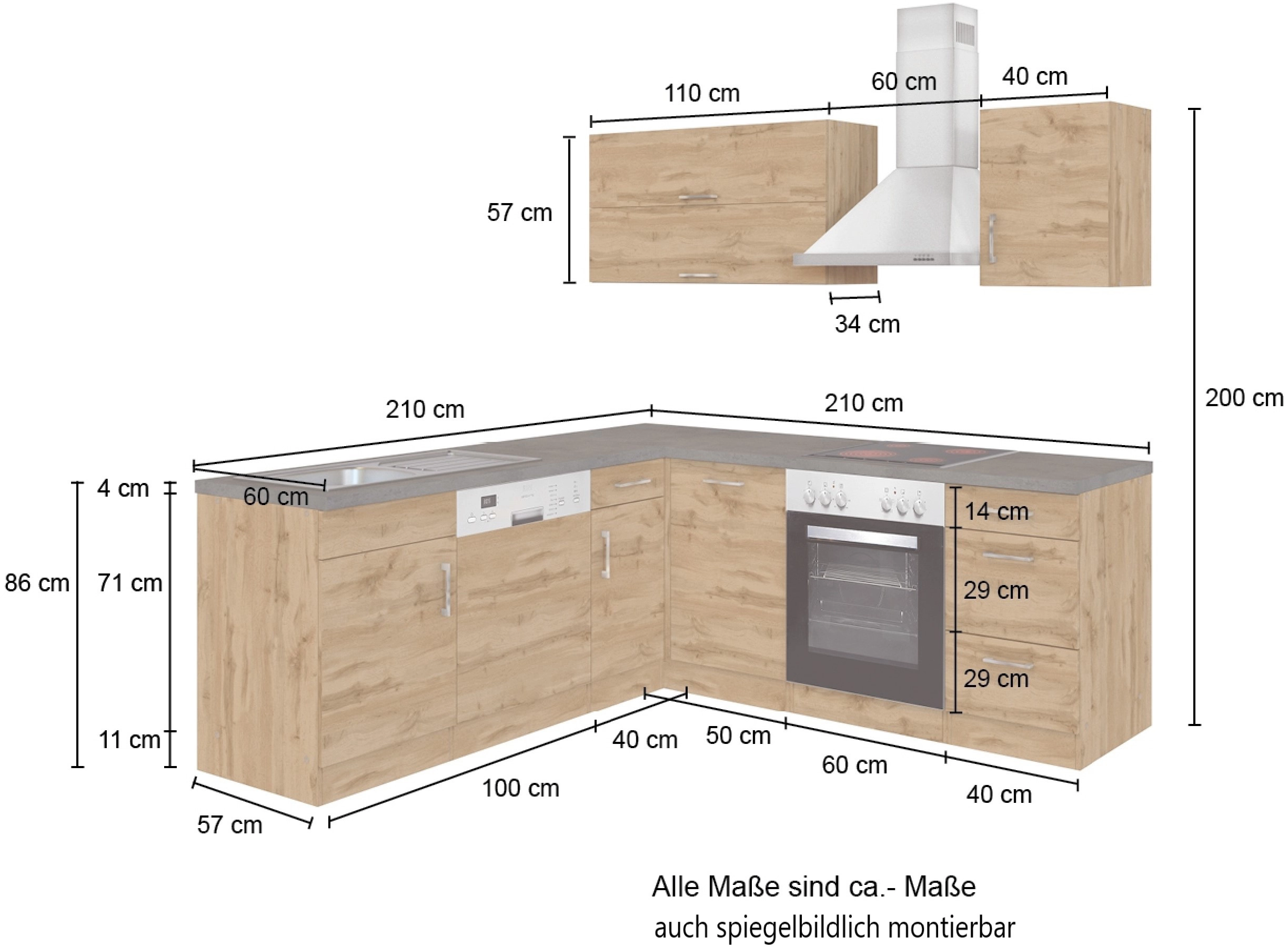Held Möbel Küchenzeile Sorrento Winkel OBI cm Anthrazit-Wotaneiche 210 bei kaufen