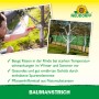 Neudorff Baumanstrich 2l: Mann streicht Obstbaumstamm weiß. Fertige Bäume mit weißer Rindenpflege im Garten.