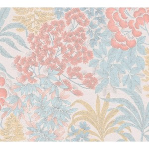 AS-Creation Vliestapete mit floralem Muster in Weiß, Blau und leichten Glanz.