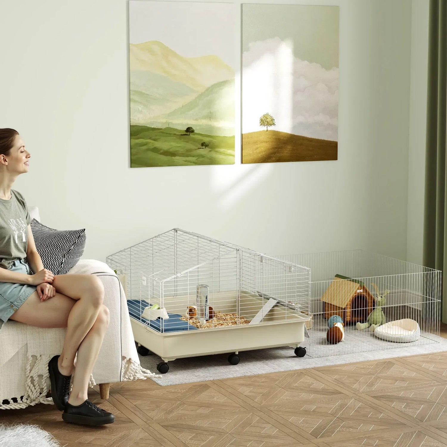 PawHut Kleintierkäfig mit Freilaufgehege, Stahl und Kunststoff, mehrfarbig, 173x88x63cm.