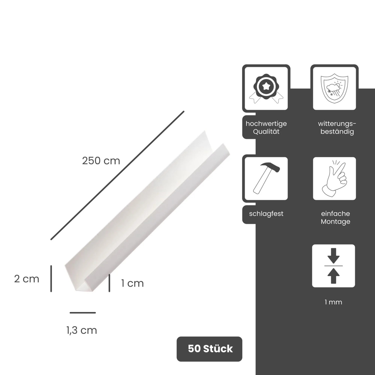Weißes Protektor Einfassprofil aus PVC, 50x250cm, für 12,5mm Gipskartonplatten.