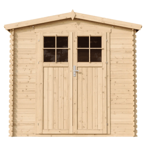 Timbela Holz-Gartenhaus M369F, beige-braun, mit Doppeltür und Fenster.
