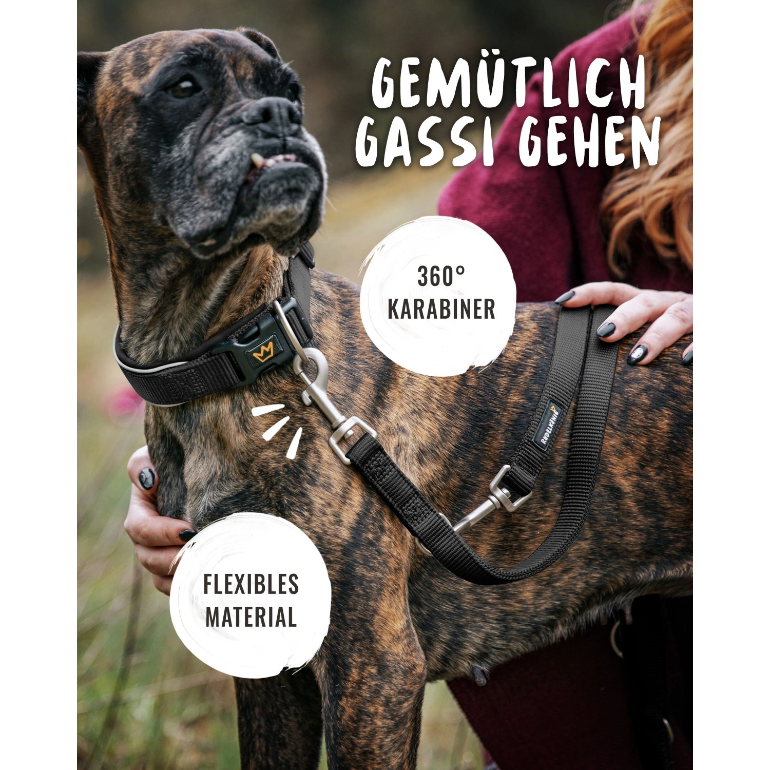 Schwarze Rudelkönig Hundeleine Frida aus Nylon, verstellbar mit Karabiner.