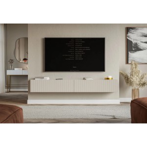 Modernes Selsey TV-Hängeboard Veldio in Greige mit geriffelter Lamellenfront, wandhängend im Wohnzimmer.