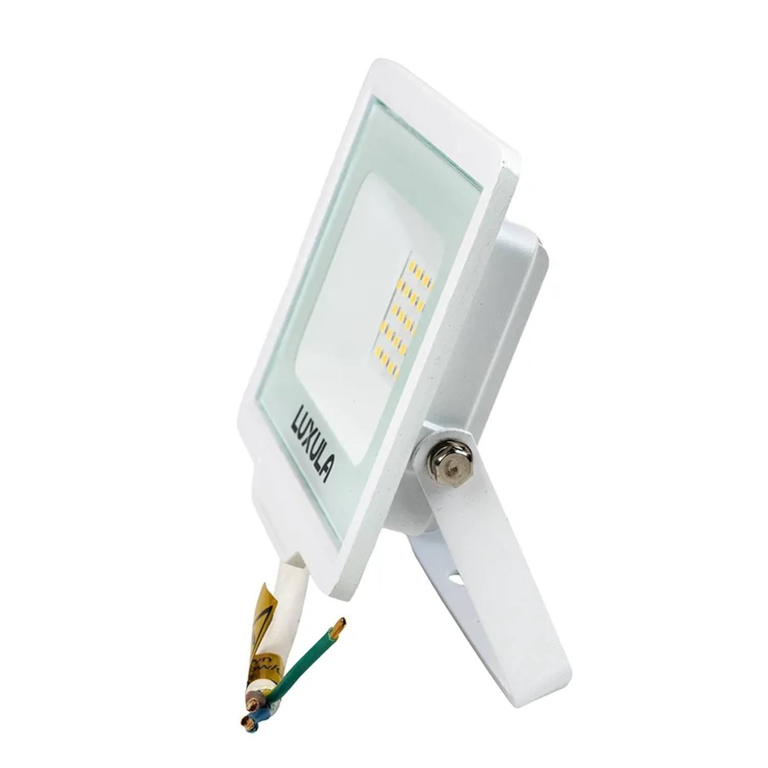 Weißer LUXULA LED Strahler 20W mit Haltebügel, geeignet als robuster LED-Außenstrahler.