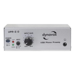 Silberner Dynavox UPR-2.0 USB Phono-Vorverstärker für Schallplattenwiedergabe.