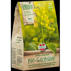 Sperli Gründünger Bio-Gelbsenf, 250g Packung mit blühendem Gelbsenf und Insekten.