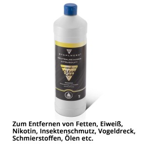STAHLWERK Universalreiniger-Konzentrat 1 Liter Flasche. Weißer Behälter, blauer Deckel, schwarzes Etikett mit Citrus-Duft. Kraftvoller Neutralreiniger.