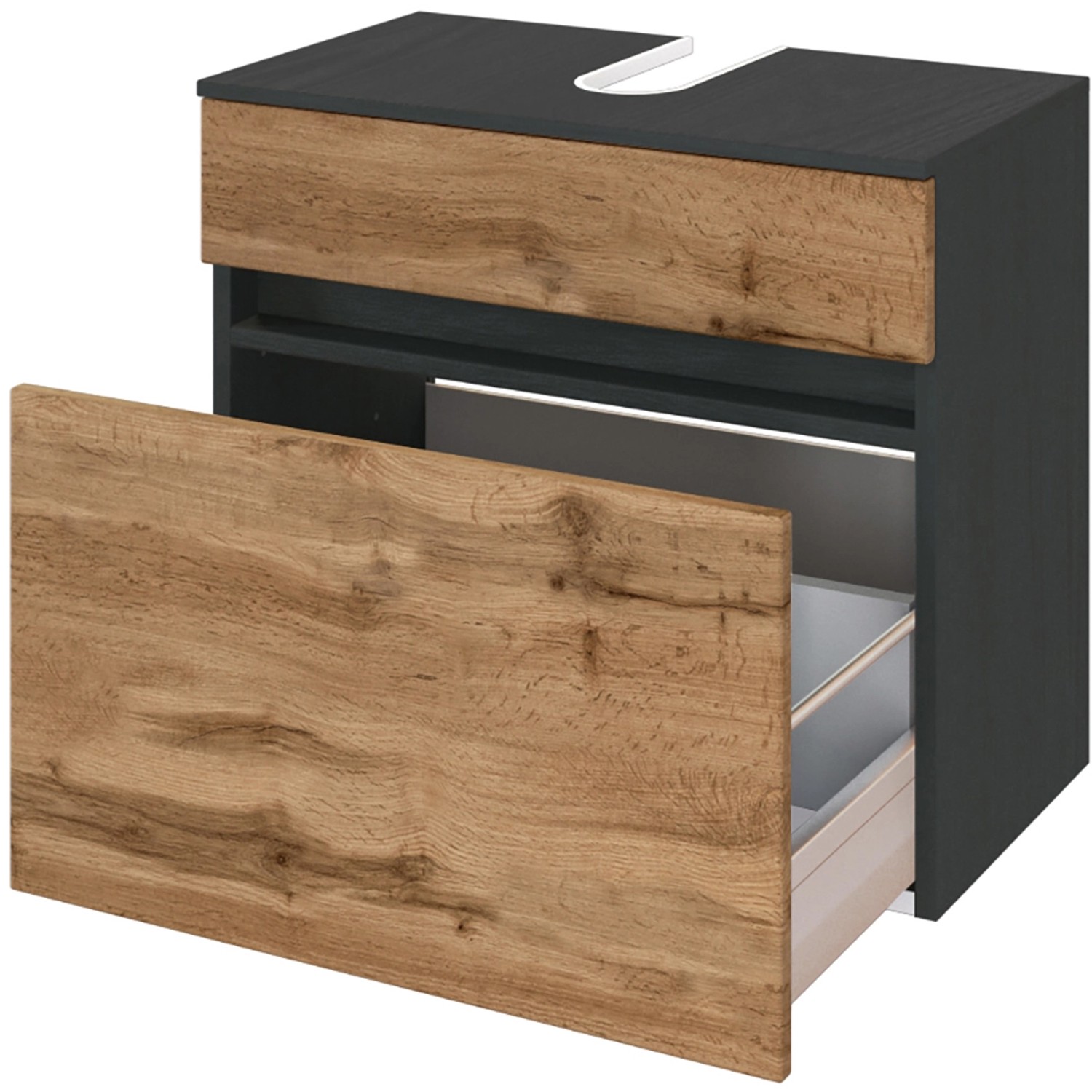 Held Möbel Waschbeckenunterschrank Bari, 60 cm, Wotaneiche/Graphitgrau mit offener Schublade.