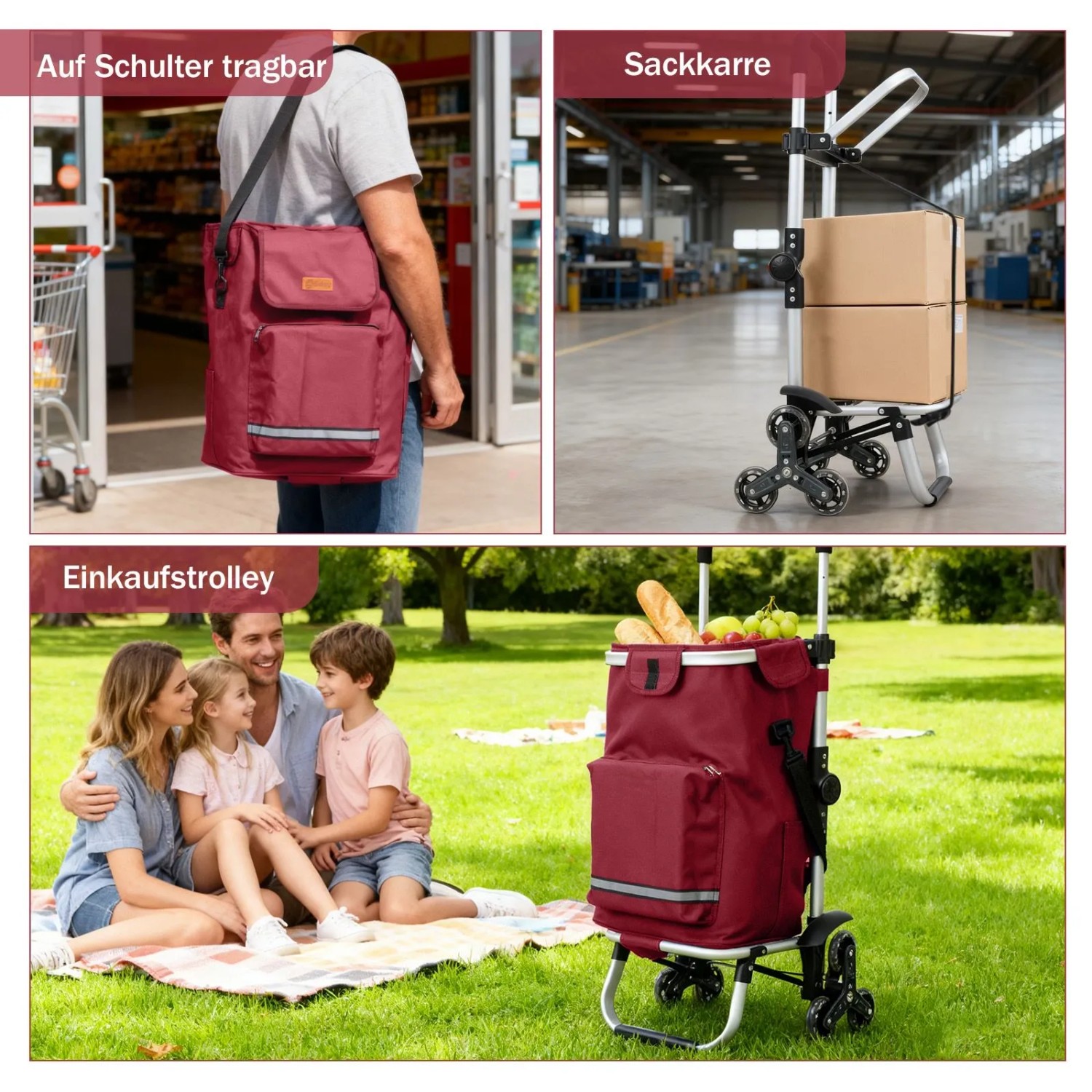 Sekey 3-in-1 Einkaufsroller: Rot, faltbar, mit Kühlfach, als Treppensteiger, Sackkarre und Umhängetasche nutzbar.