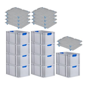 PROREGAL Spar Set: 10 graue Euroboxen mit blauen Griffen und Auflagedeckel, gestapelt.