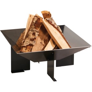 Quadratische Wilk Feuerschale Karo 56x56x25 cm aus Stahl mit Holzscheiten.