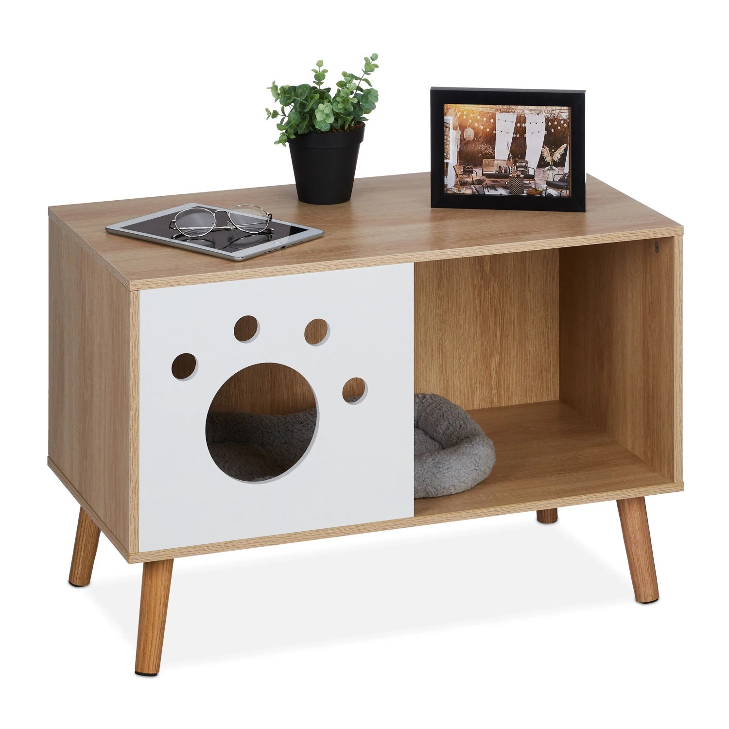 Relaxdays Katzenschrank MDF Kiefernholz Natur Weiß Halboffen 50 cm x 75 cm x 40 cm 9,4 kg