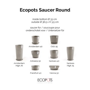 Runder Ecopots Untersetzer in Braungrau, 40 cm, aus Stein-Kunststoff-Pulver, UV- & frostbeständig für Innen & Außen.