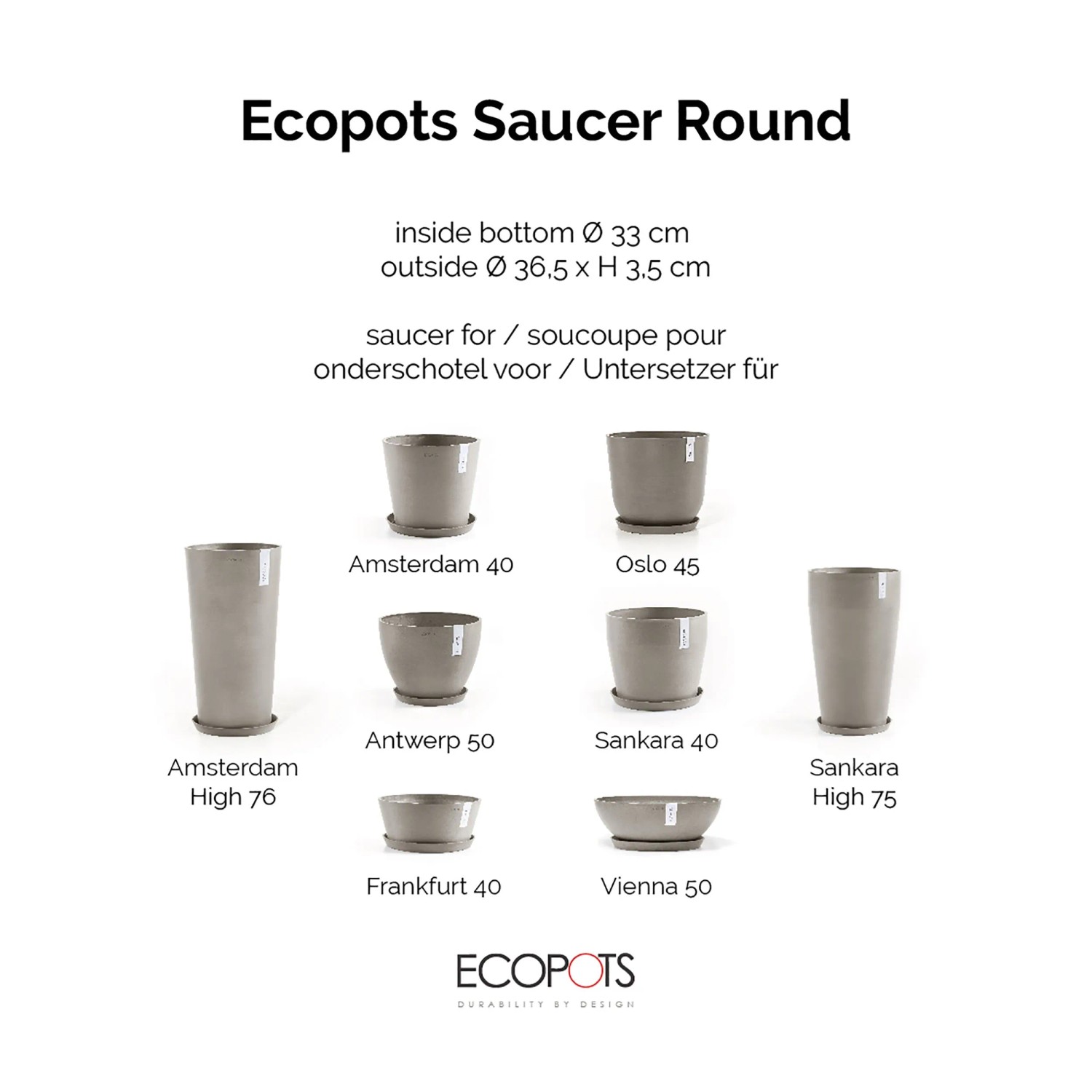 Runder Ecopots Untersetzer in Braungrau, 40 cm, aus Stein-Kunststoff-Pulver, UV- & frostbeständig für Innen & Außen.