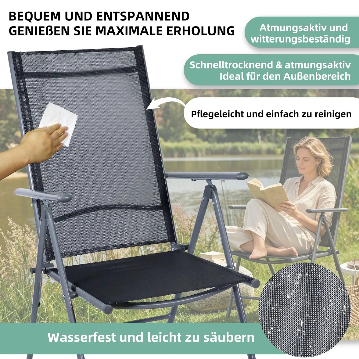 Zwei hellgraue CCLIFE Gartenstuhl Hochlehner mit schwarzem Teslin-Gewebe. Einer wird gereinigt, eine Frau liest entspannt am See. Klappbar, verstellbar.