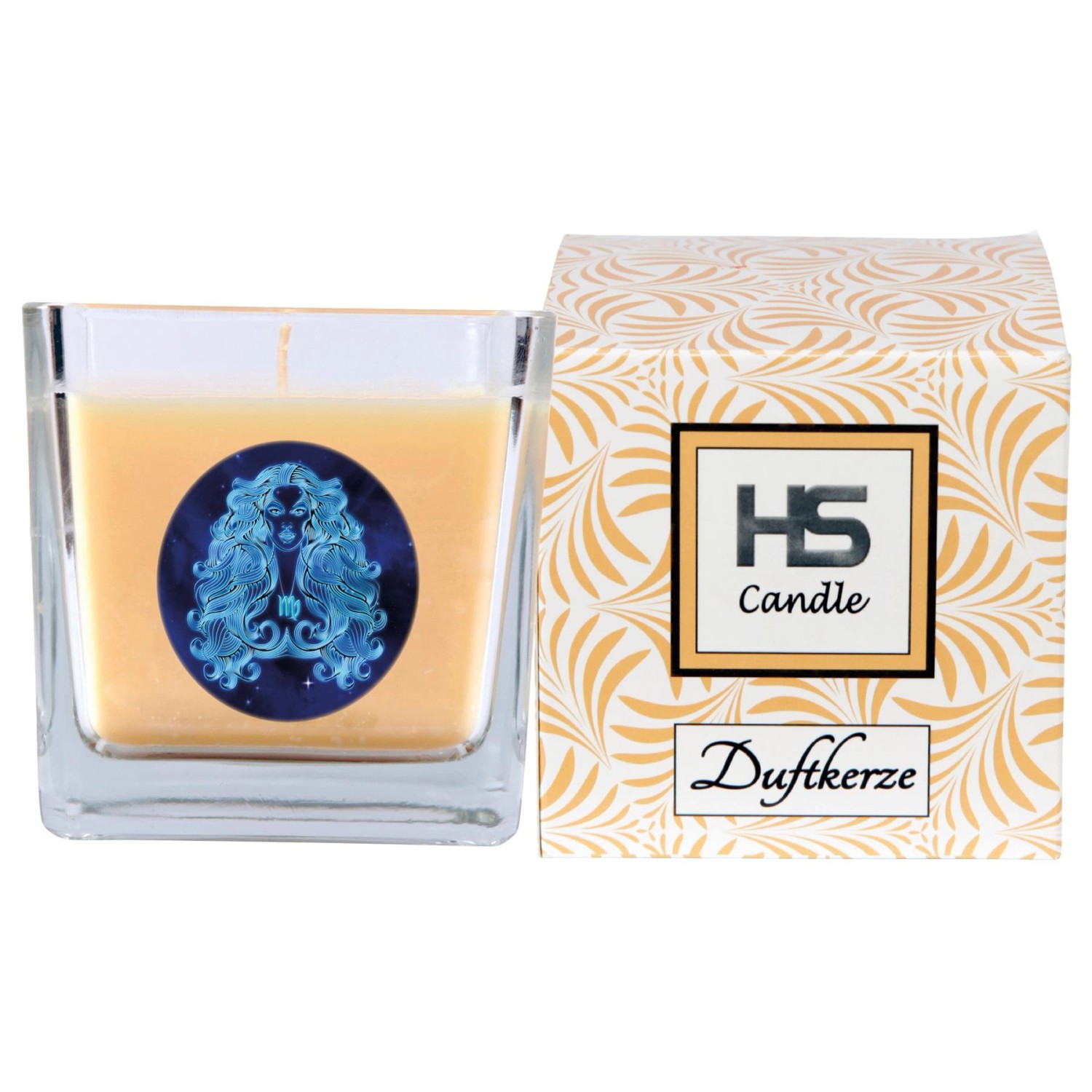 HS Candle Duftkerze Jungfrau im Glas mit Verpackung, Vanille Duft.