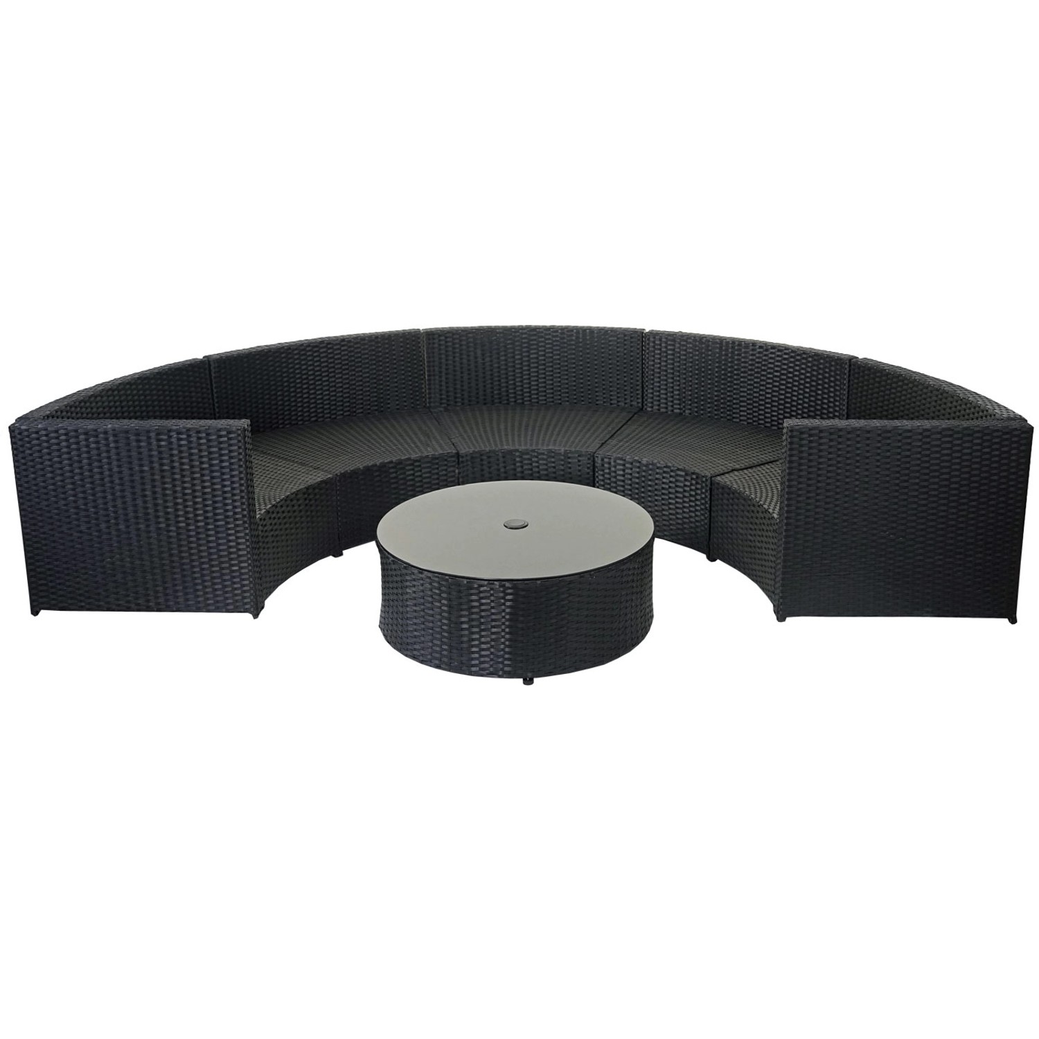 Schwarze Poly-Rattan Lounge-Garnitur mit Tisch und dunkelgrauen Polstern, Terracotta Kissen.