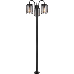 Schwarze, 1,8 m hohe Globo Außenleuchte mit 3 Lampen und Metallstäben. Kandelaber für Garten und Hof.