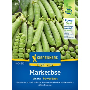 Kiepenkerl Markerbse Vitara: Grüne Erbsenschoten und Samen auf der Saatgutpackung.